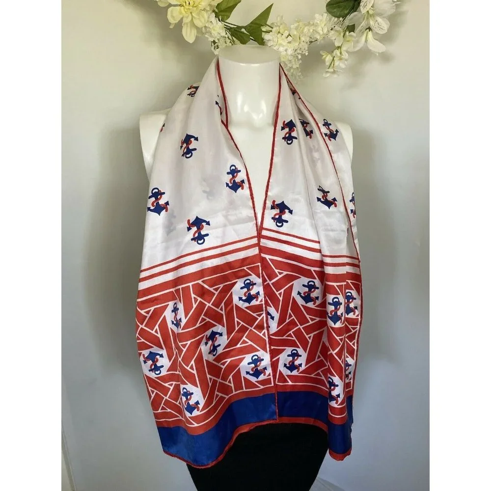 Vintage Nautical Americana Red White‎ Blue Scarf Anchors Silky Fabric 52